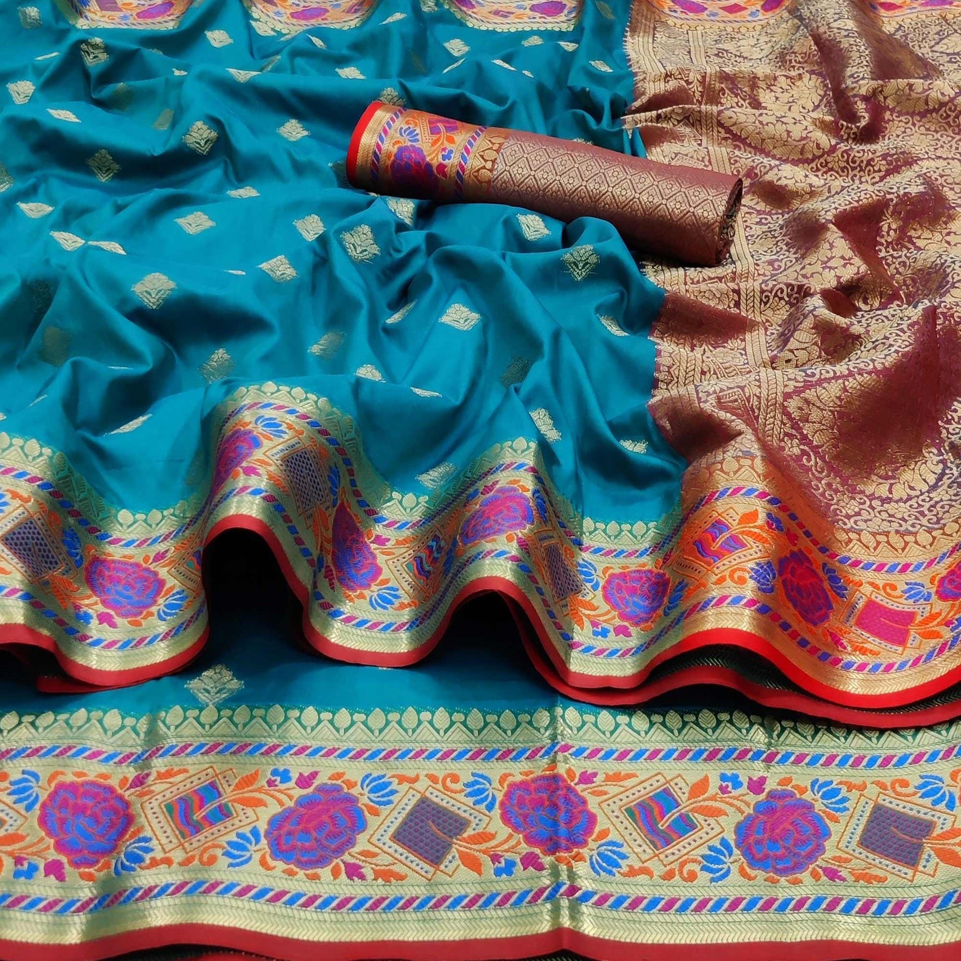 Firozi Festive Wear Floral Woven Soft Silk Saree With Jacquard Border
