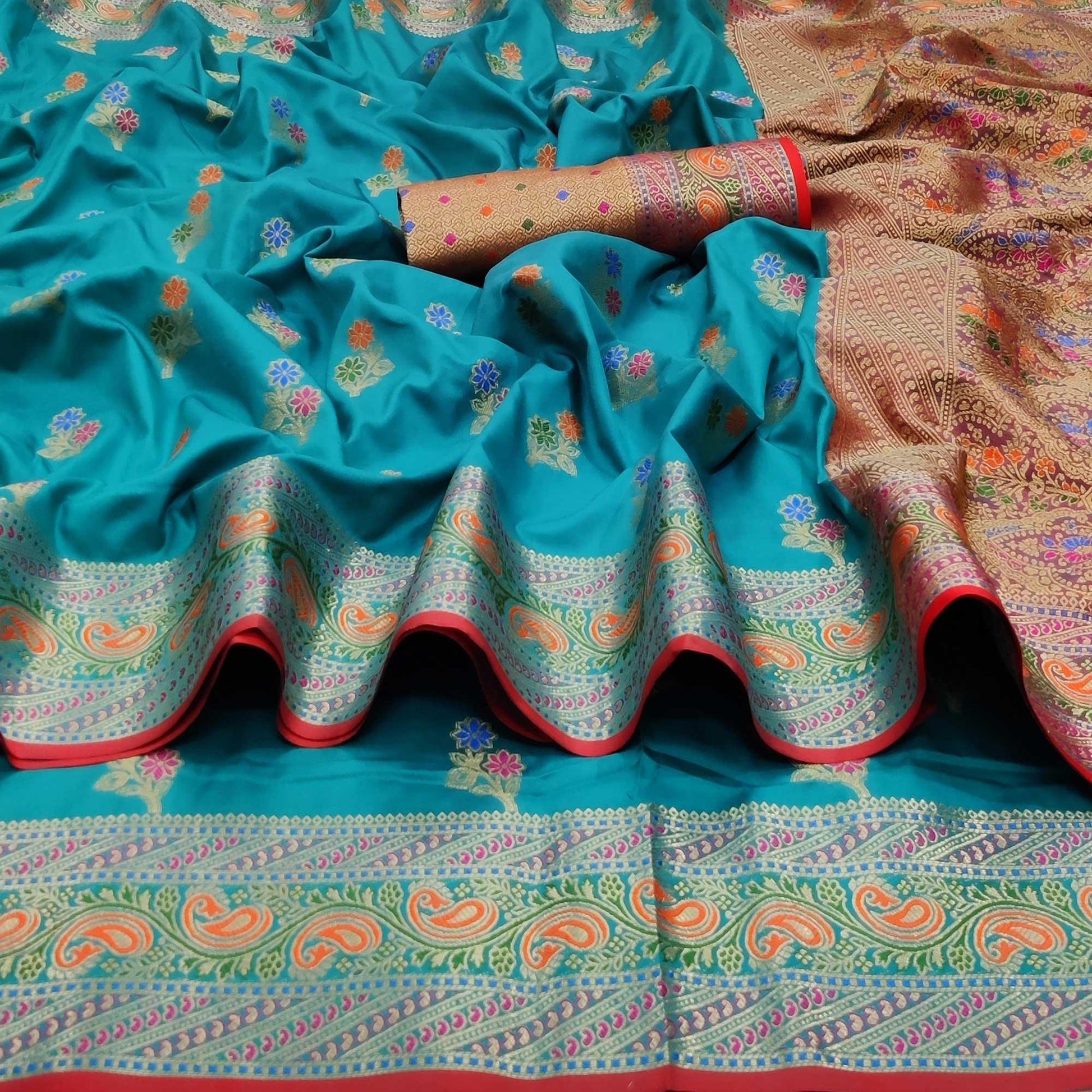 Firozi Festive Wear Floral Woven Soft Silk Saree With Jacquard Border