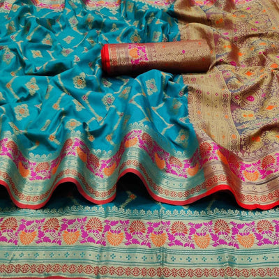 Firozi Festive Wear Floral Woven Soft Silk Saree With Jacquard Border