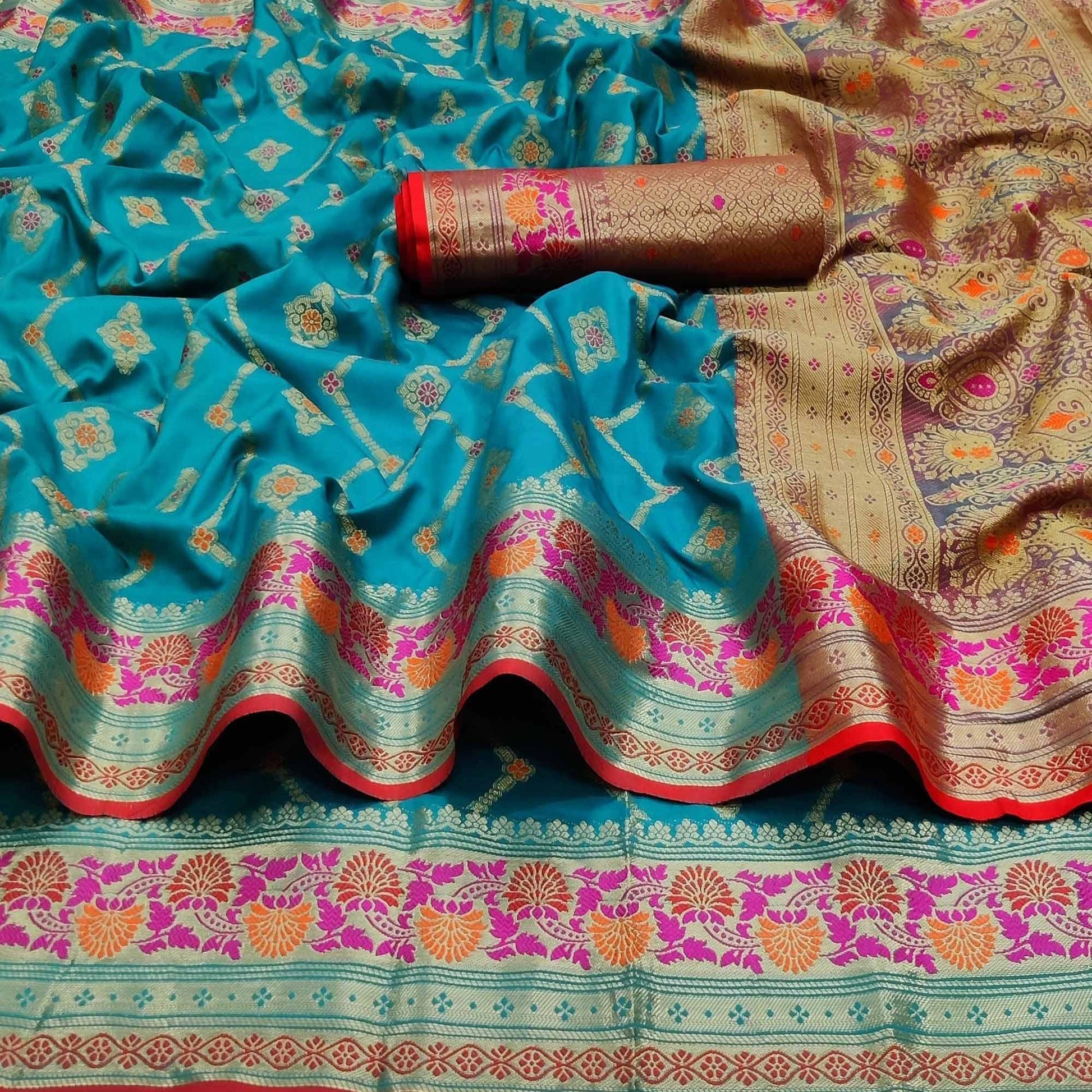 Firozi Festive Wear Floral Woven Soft Silk Saree With Jacquard Border