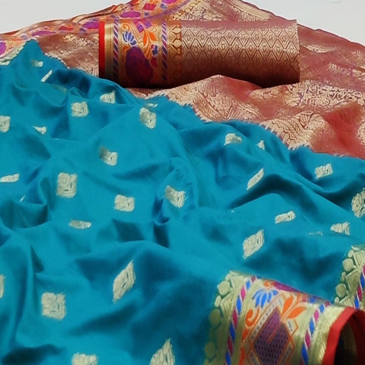Firozi Festive Wear Floral Woven Soft Silk Saree With Jacquard Border