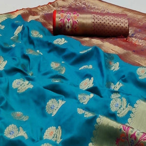 Firozi Festive Wear Floral Woven Soft Silk Saree With Jacquard Border