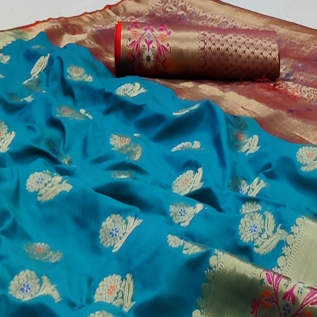 Firozi Festive Wear Floral Woven Soft Silk Saree With Jacquard Border