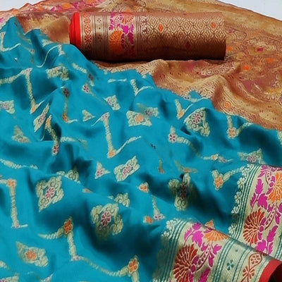 Firozi Festive Wear Floral Woven Soft Silk Saree With Jacquard Border