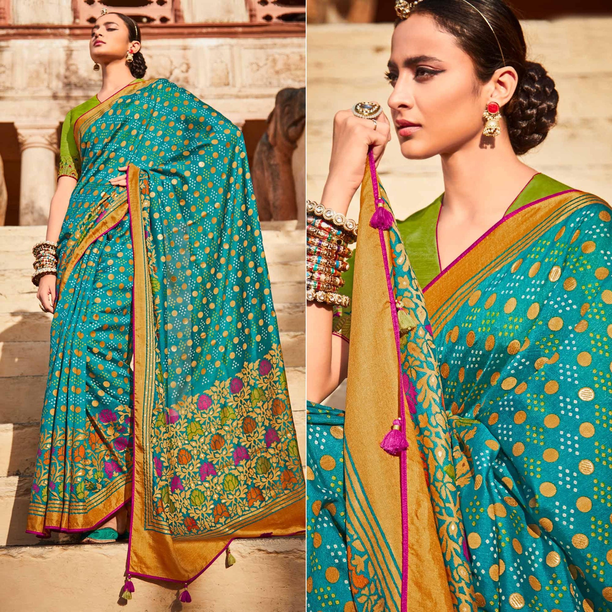 Firozi Festive Wear Printed Silk Saree