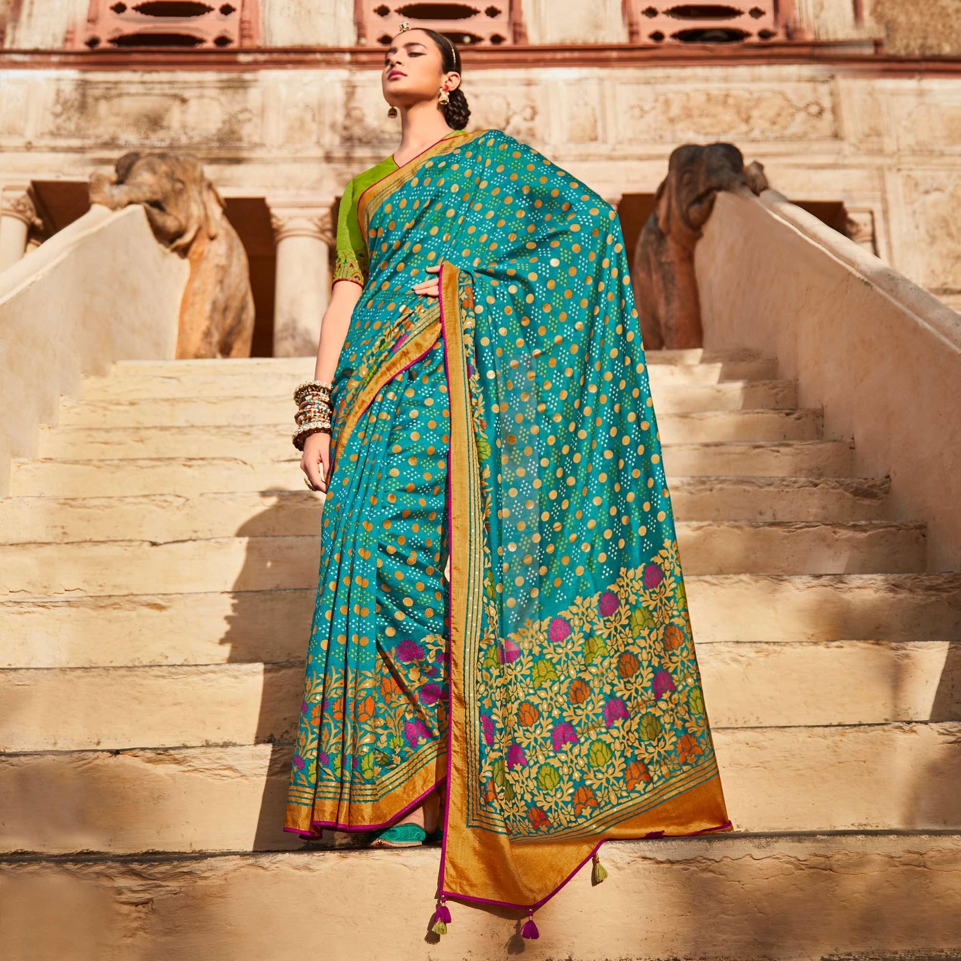 Firozi Festive Wear Printed Silk Saree