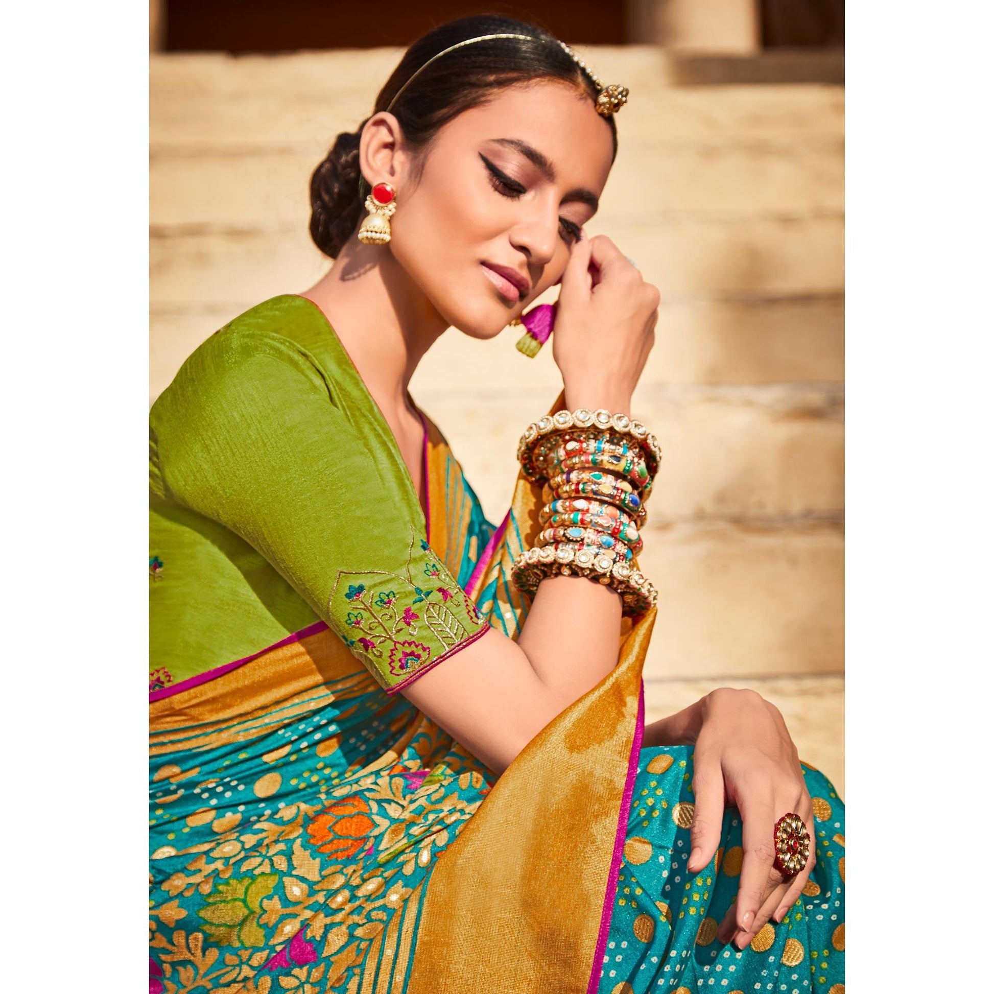 Firozi Festive Wear Printed Silk Saree