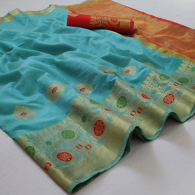 Firozi Festive Wear Woven Banarasi Saree With Butta And Jacquard Border