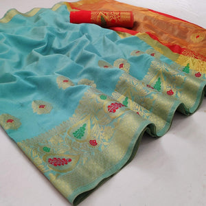 Firozi Festive Wear Woven Banarasi Saree With Butta And Jacquard Border