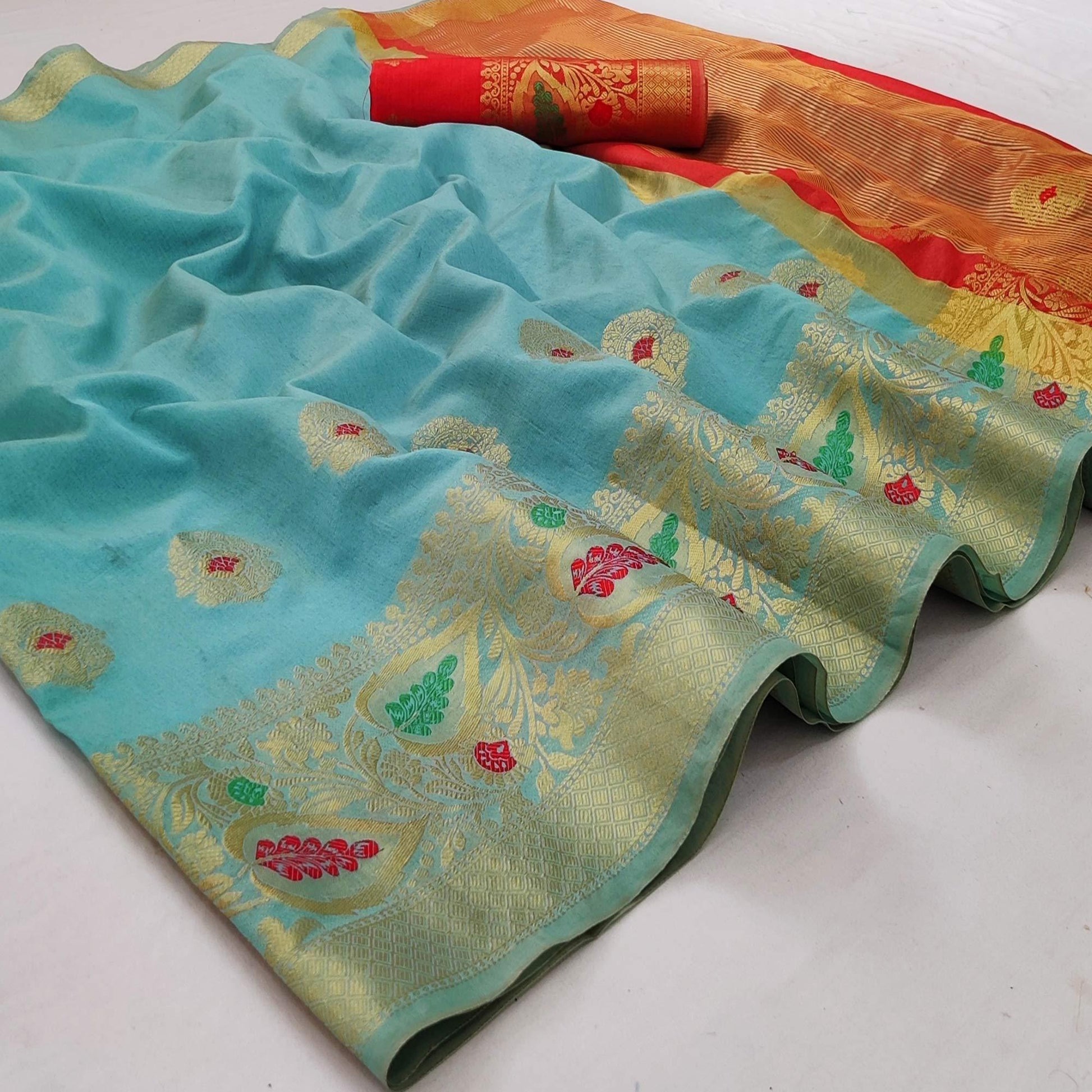 Firozi Festive Wear Woven Banarasi Saree With Butta And Jacquard Border