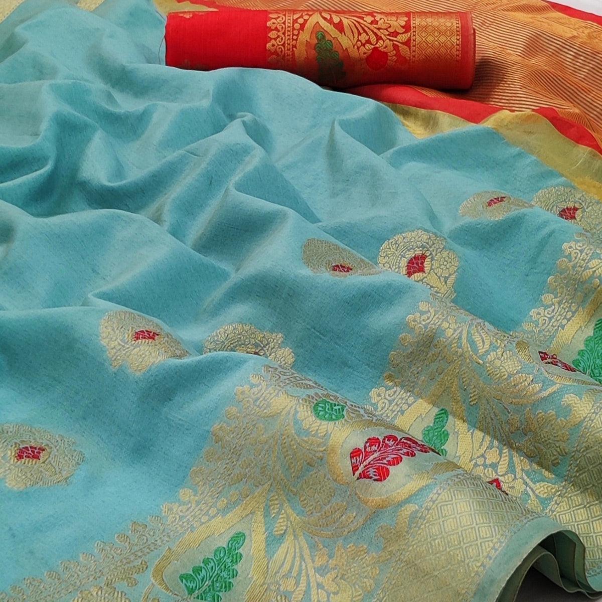 Firozi Festive Wear Woven Banarasi Saree With Butta And Jacquard Border