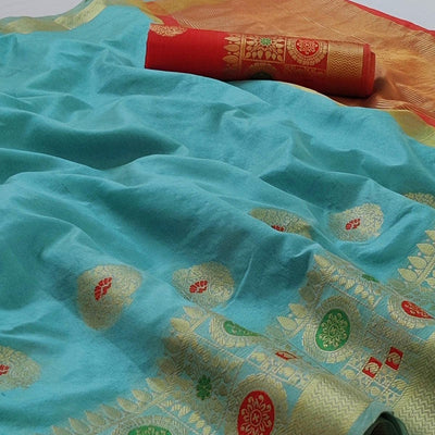 Firozi Festive Wear Woven Banarasi Saree With Butta And Jacquard Border