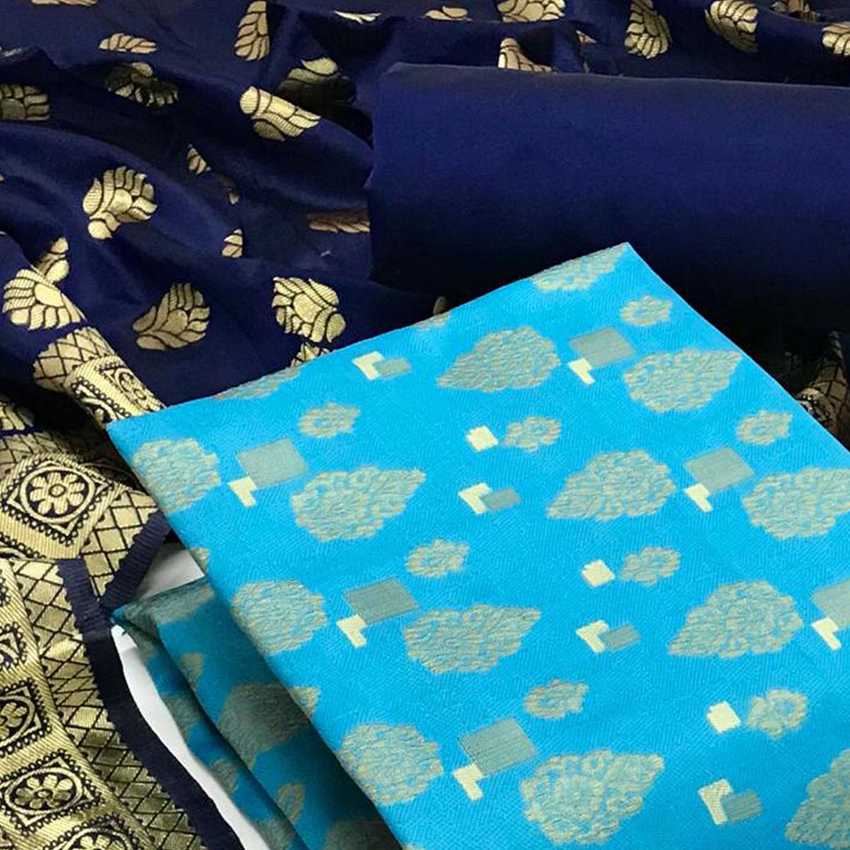 Firozi Festive Wear Woven Banarasi Silk Dress Material