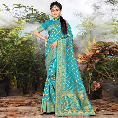 Firozi Festive Wear Woven Banarasi Silk Saree