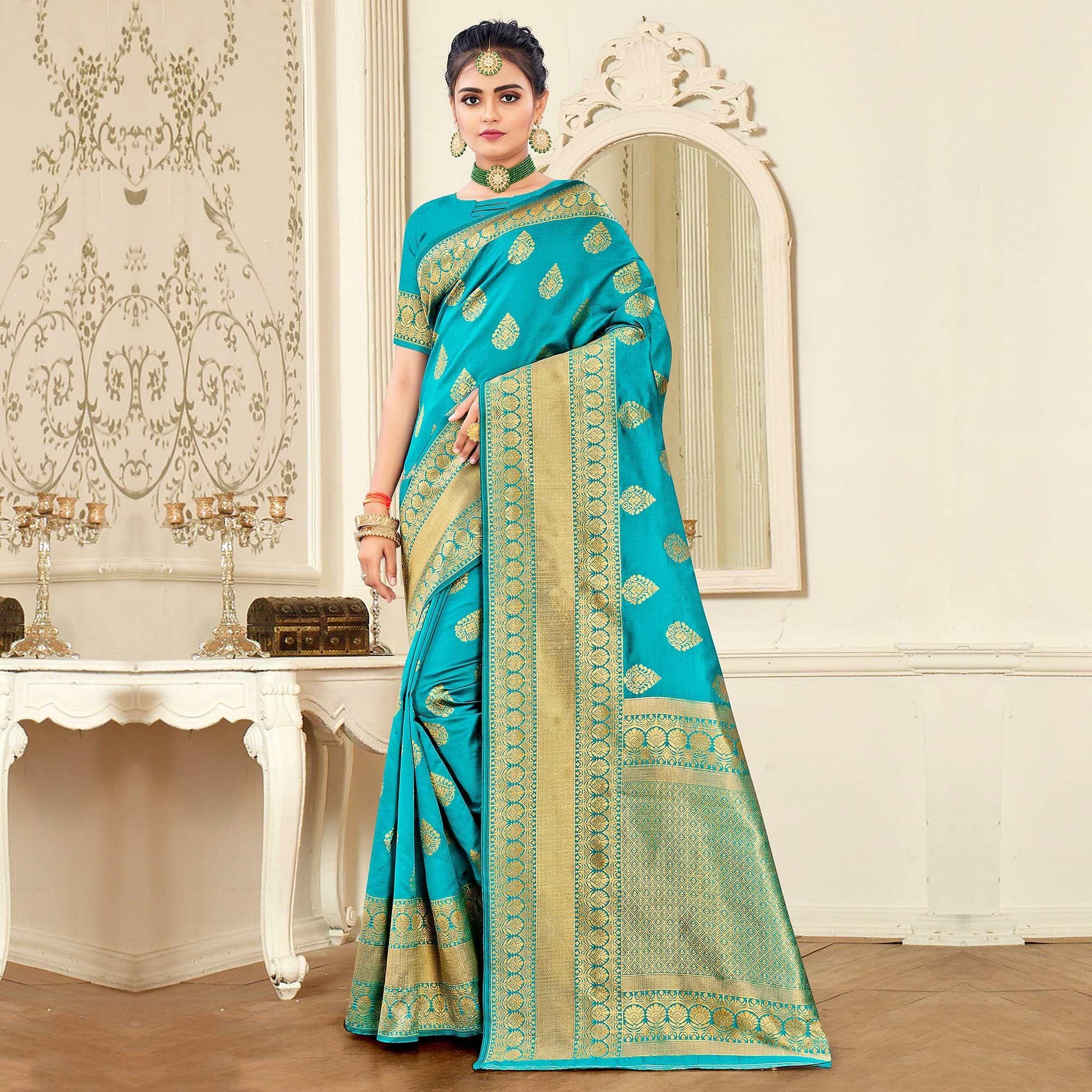 Firozi Festive Wear Woven Banarasi Silk Saree