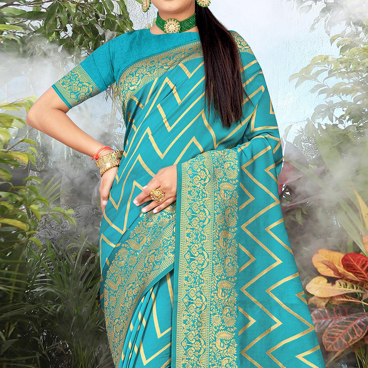 Firozi Festive Wear Woven Banarasi Silk Saree
