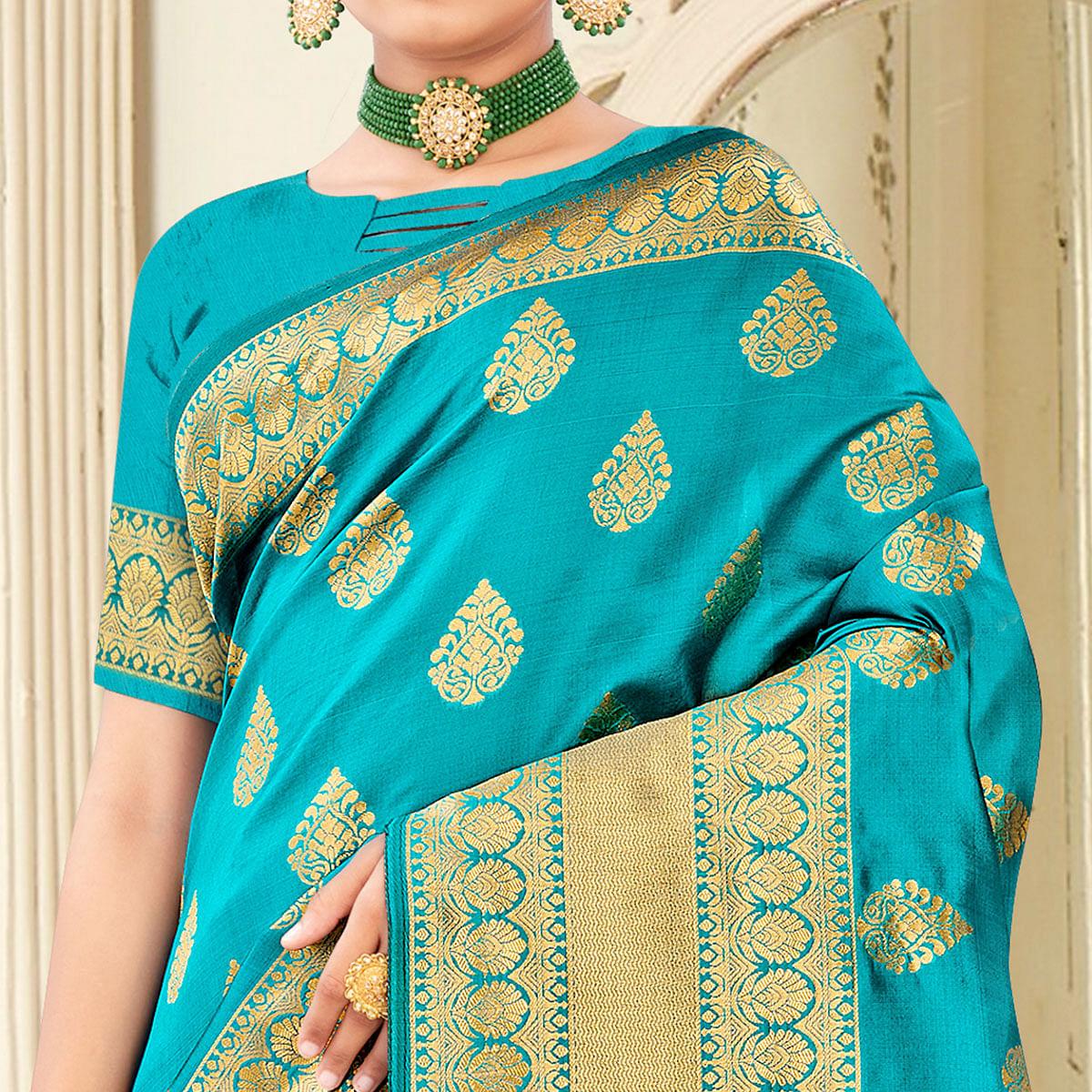 Firozi Festive Wear Woven Banarasi Silk Saree