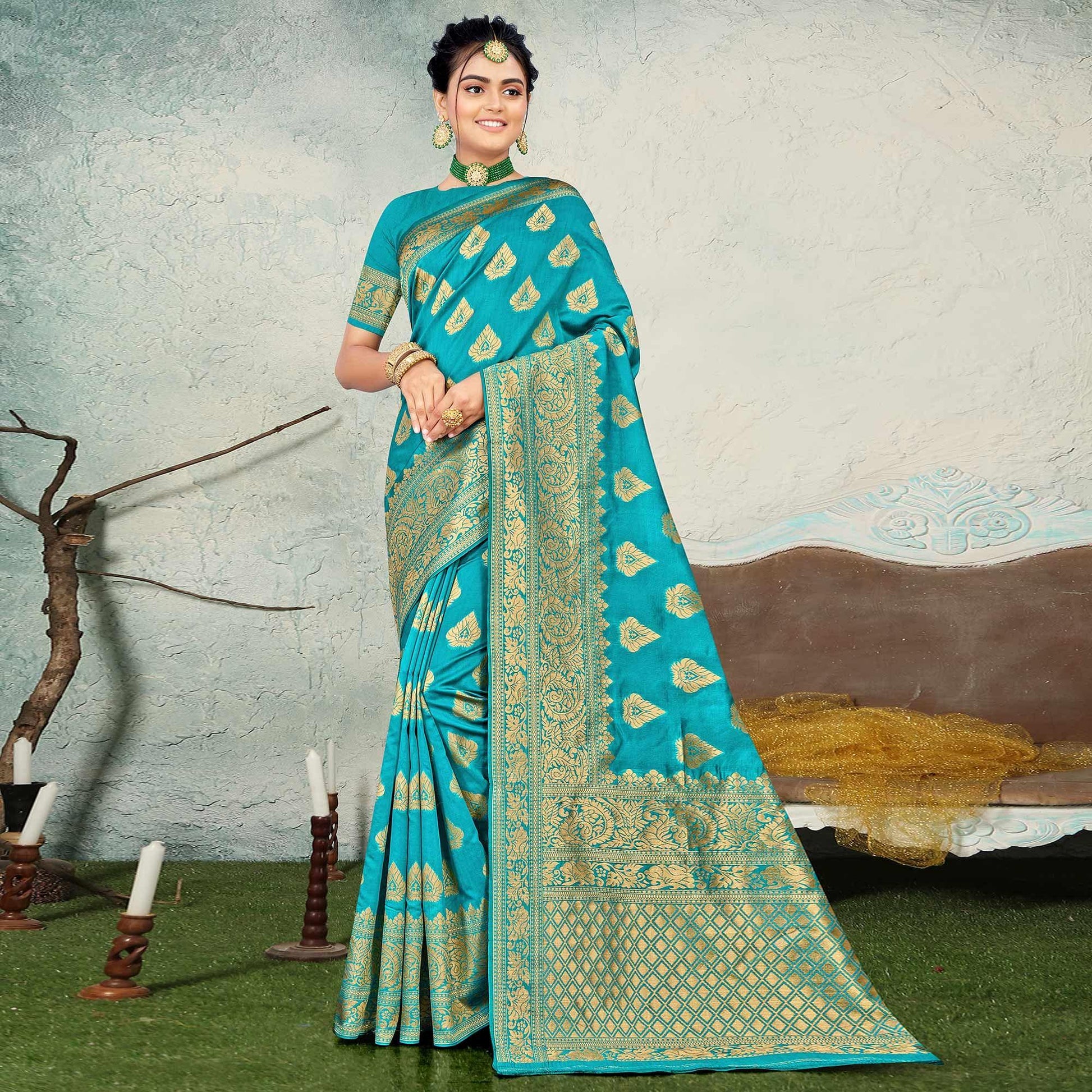 Firozi Festive Wear Woven Banarasi Silk Saree
