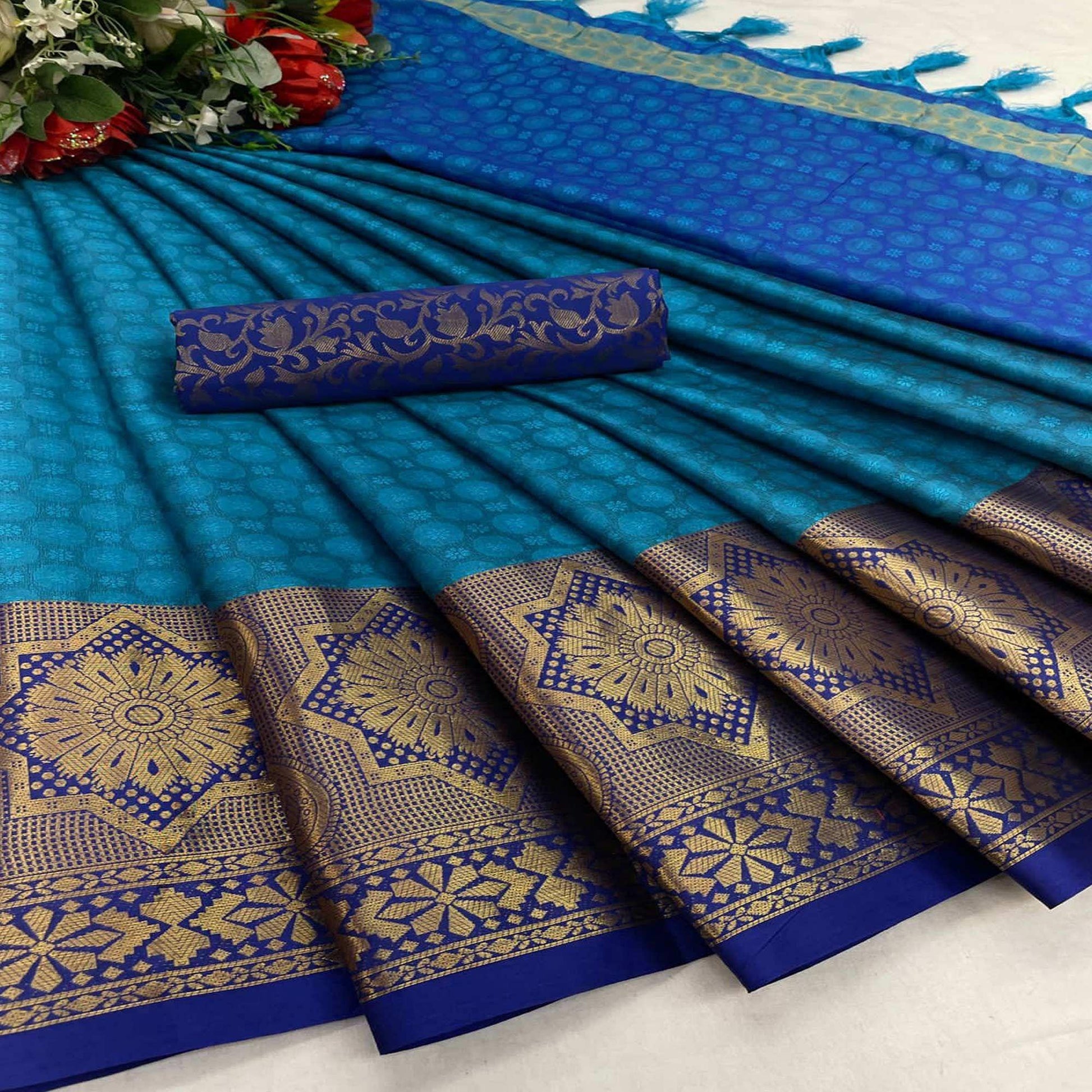 Firozi Festive Wear Woven Cotton Silk Saree