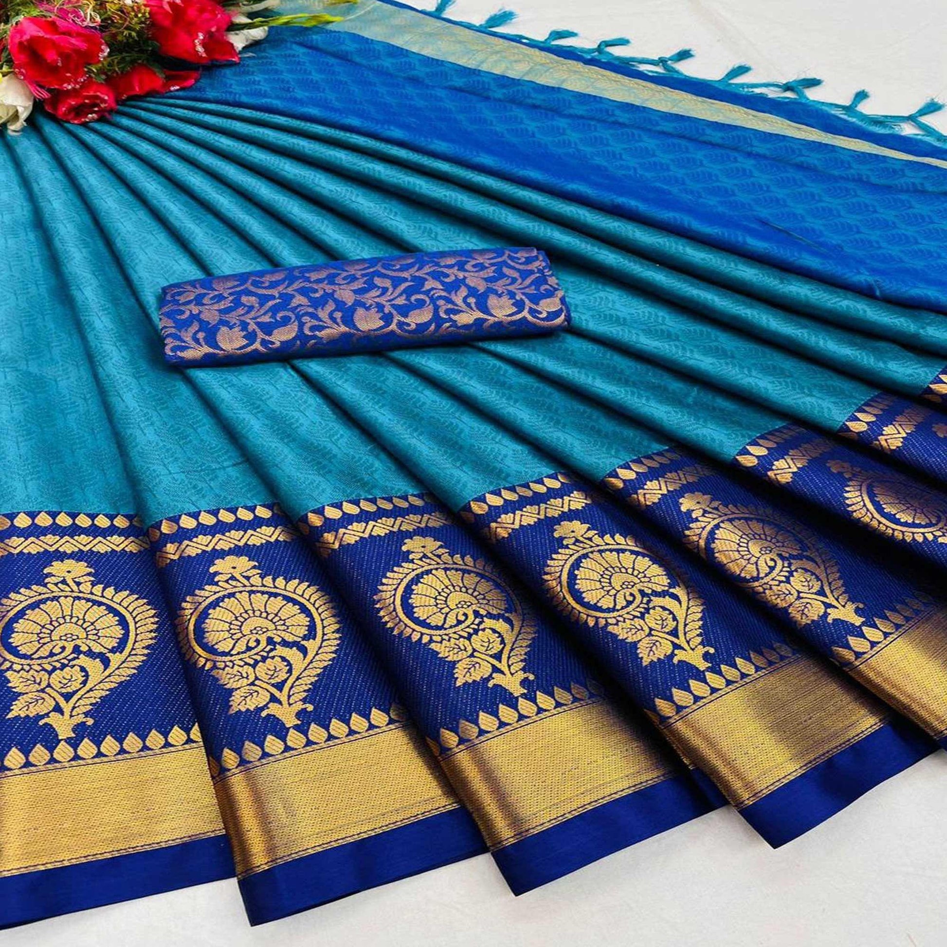 Firozi Festive Wear Woven Heavy Rich Cotton Silk Saree