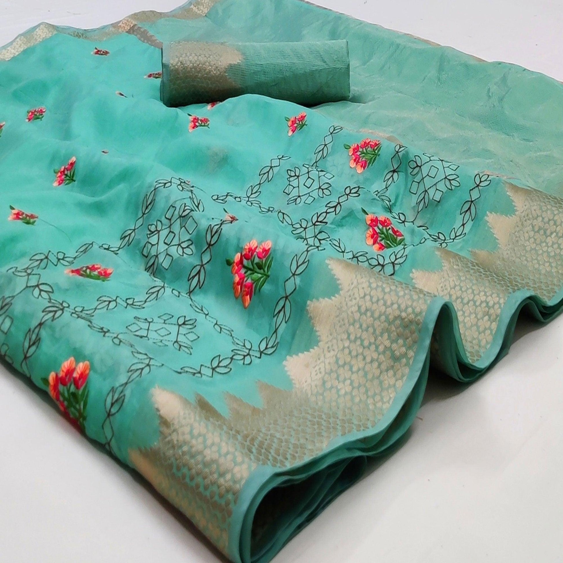 Firozi Festive Wear Woven Organza Saree With Floral Embroidery Butta Work