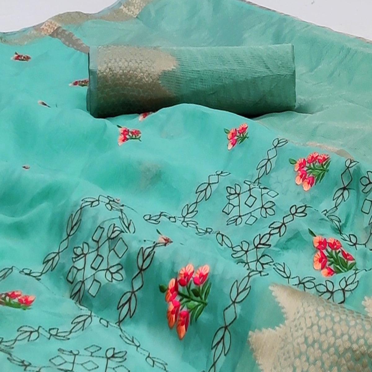 Firozi Festive Wear Woven Organza Saree With Floral Embroidery Butta Work