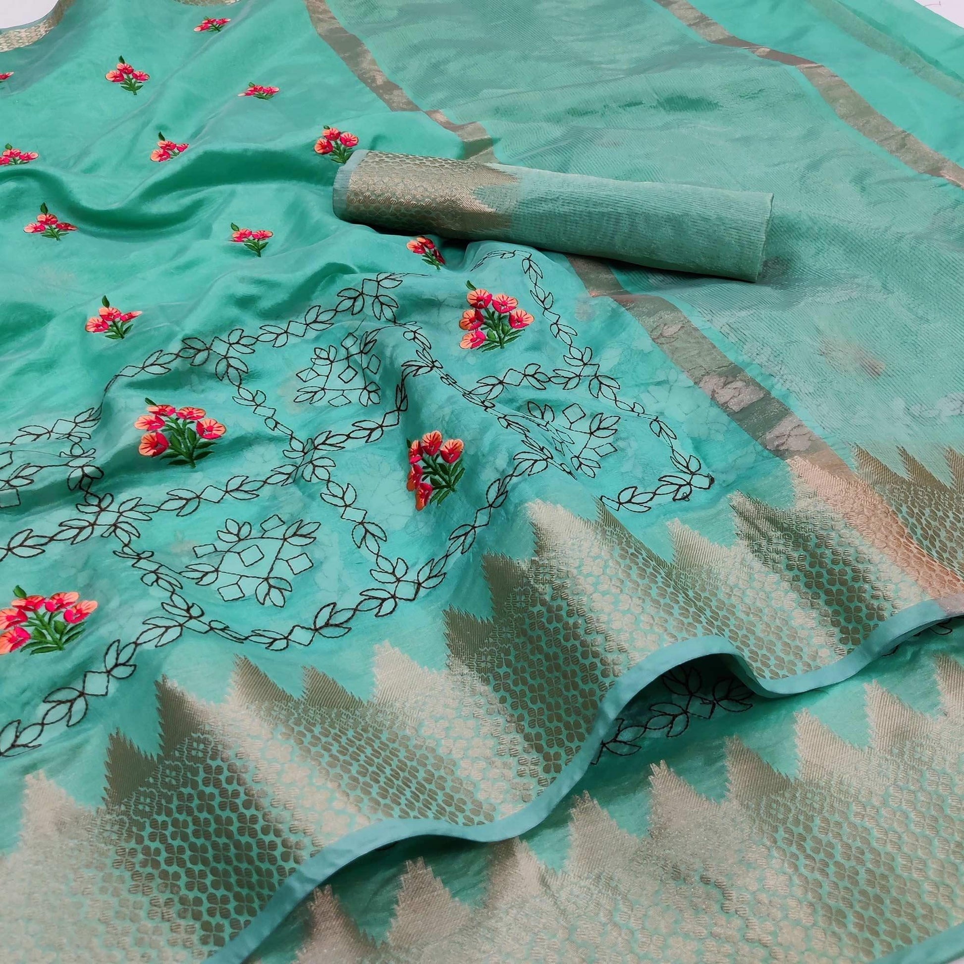 Firozi Festive Wear Woven Organza Saree With Floral Embroidery Butta Work