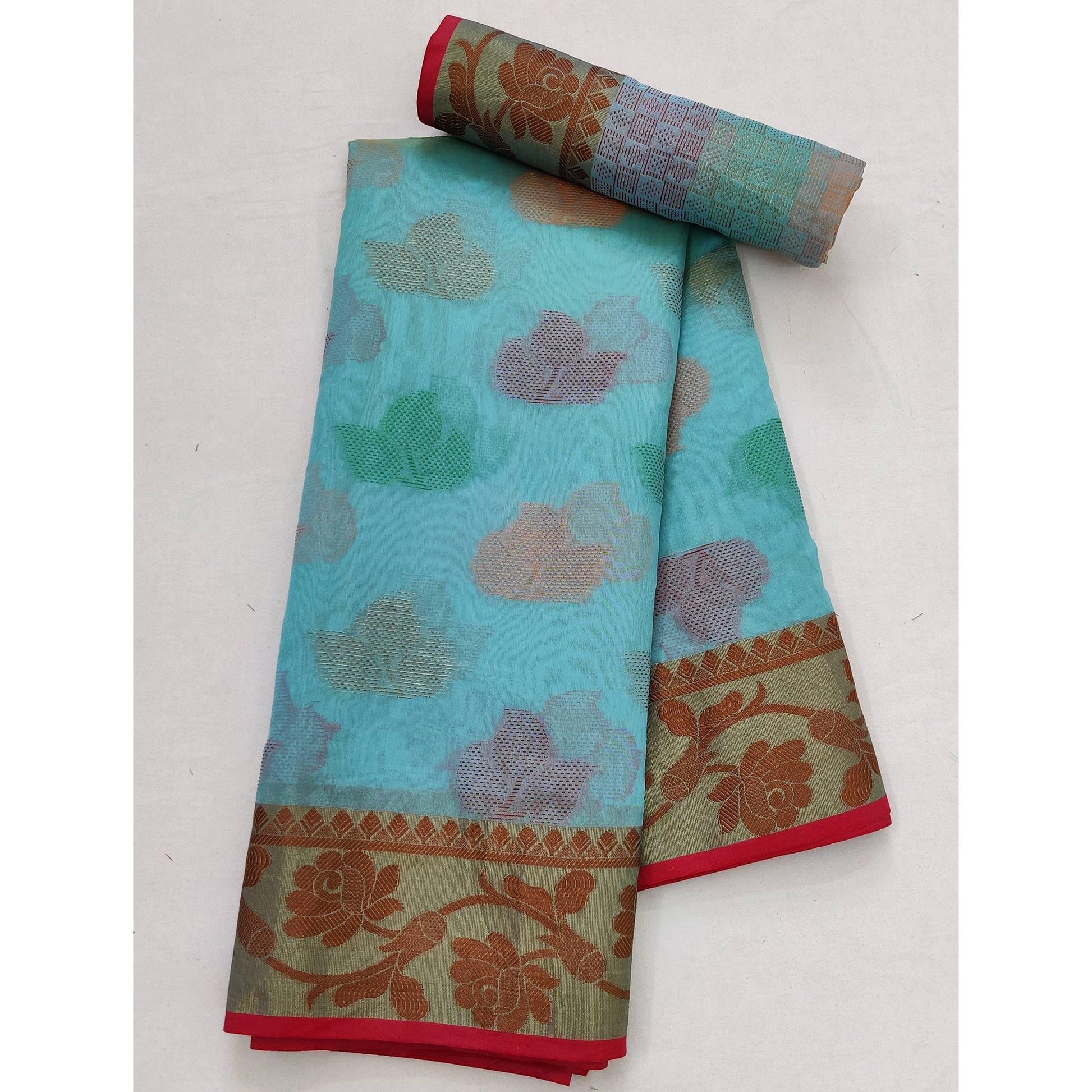 Firozi Festive Wear Woven Rich Pallu Organza Saree