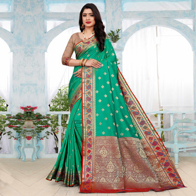 Firozi Festive Wear Woven Silk Saree