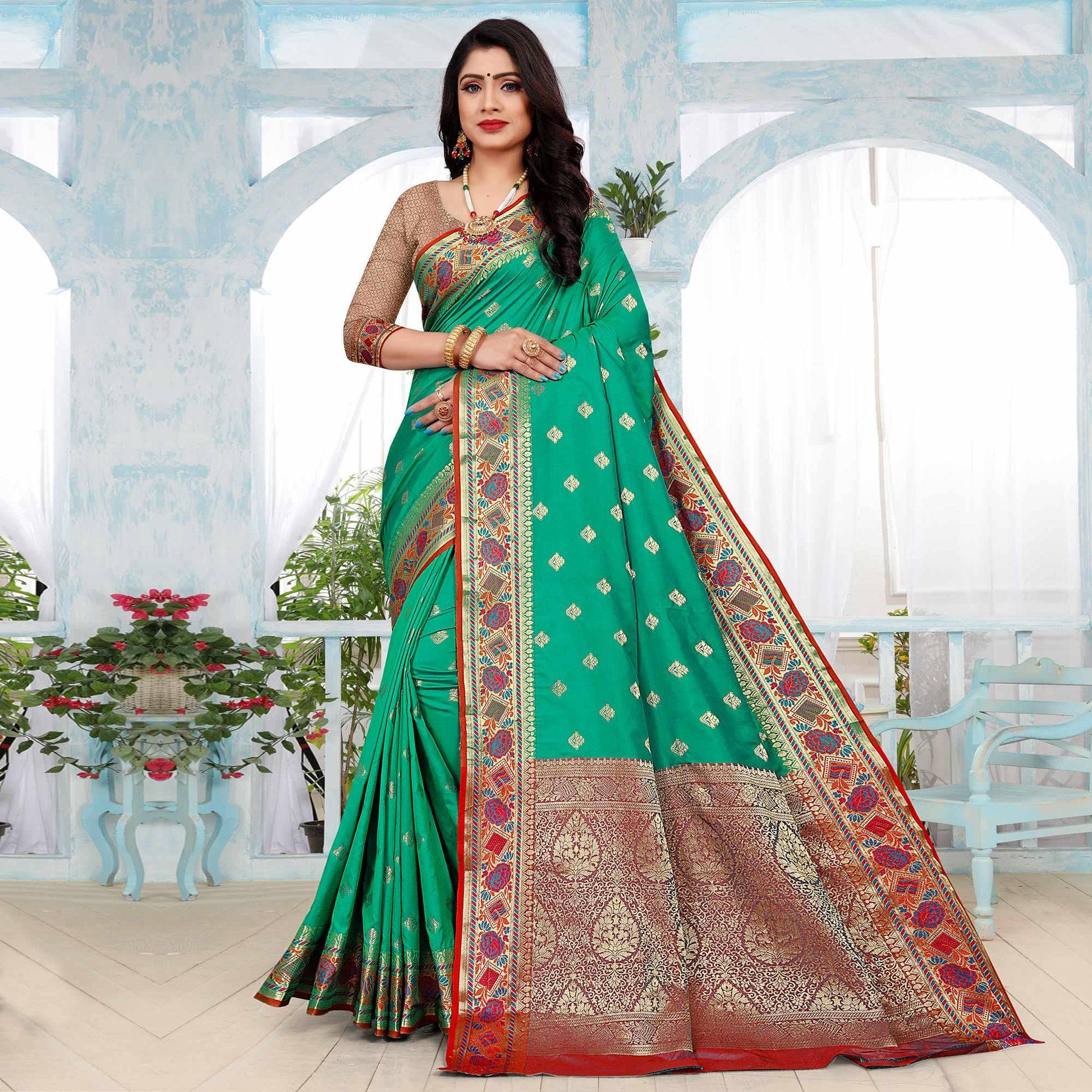 Firozi Festive Wear Woven Silk Saree