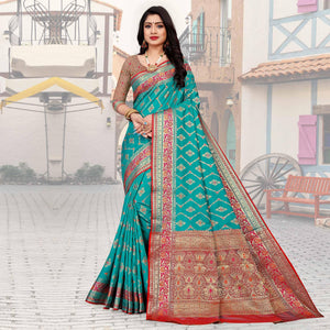 Firozi Festive Wear Woven Silk Saree