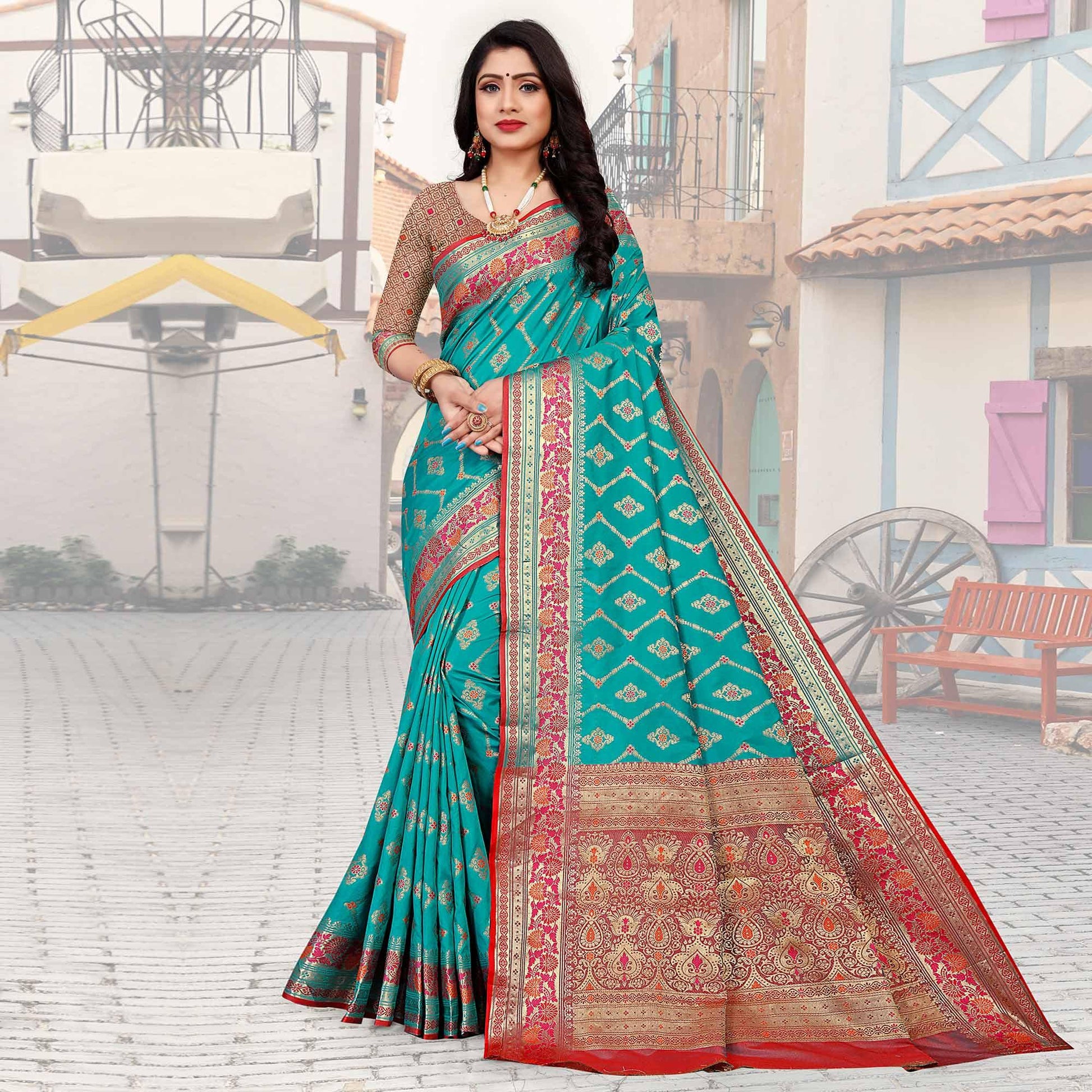 Firozi Festive Wear Woven Silk Saree