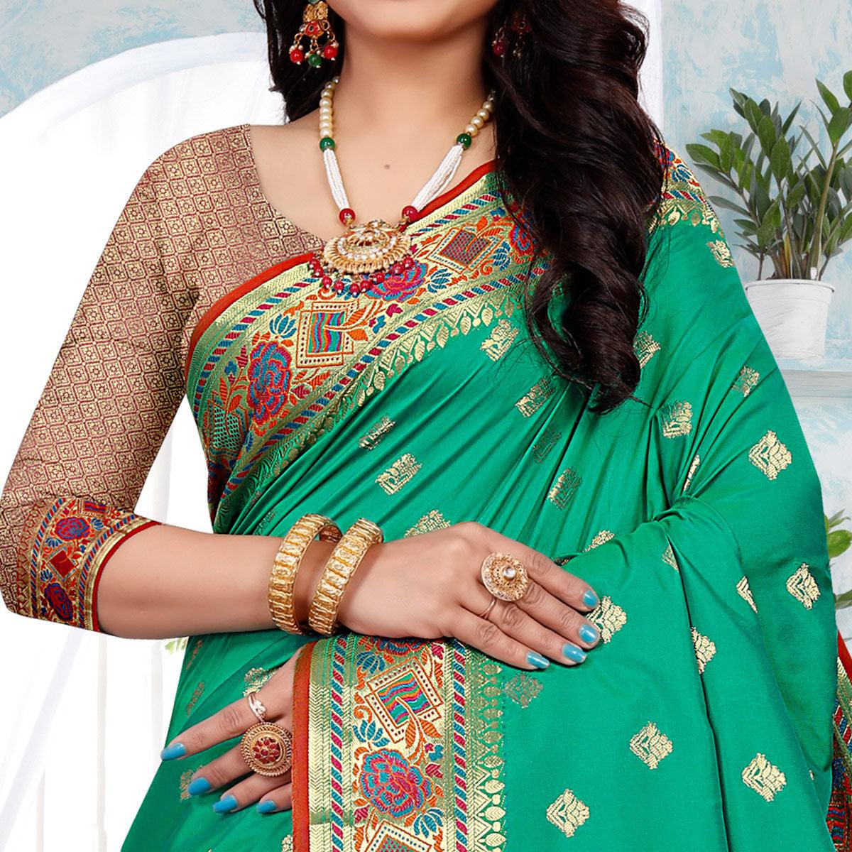Firozi Festive Wear Woven Silk Saree