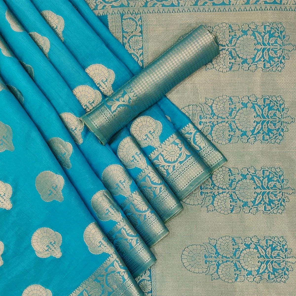 Firozi Festive Wear Woven Silk Saree