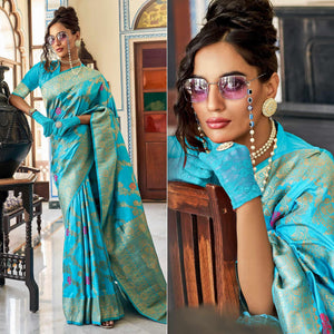 Firozi Festive Wear Woven Silk Saree With Tassels