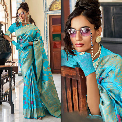 Firozi Festive Wear Woven Silk Saree With Tassels