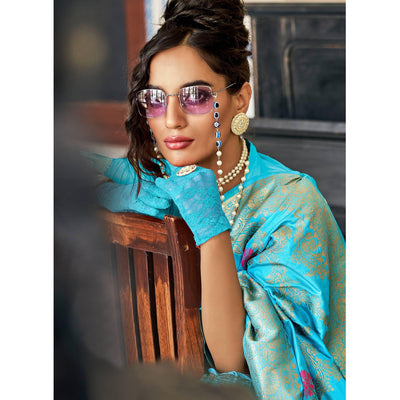 Firozi Festive Wear Woven Silk Saree With Tassels