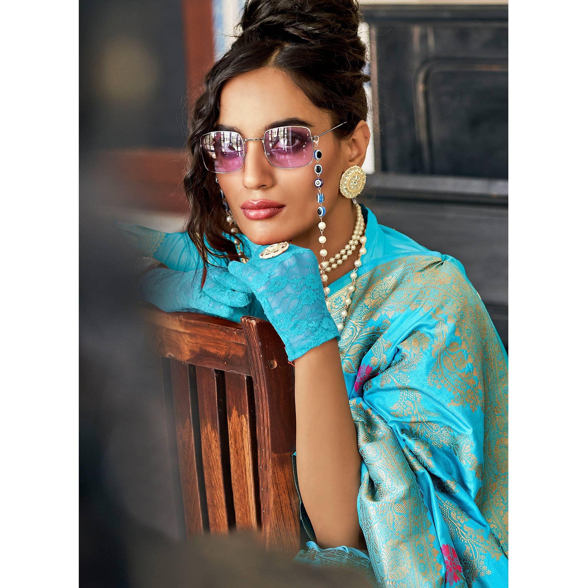 Firozi Festive Wear Woven Silk Saree With Tassels
