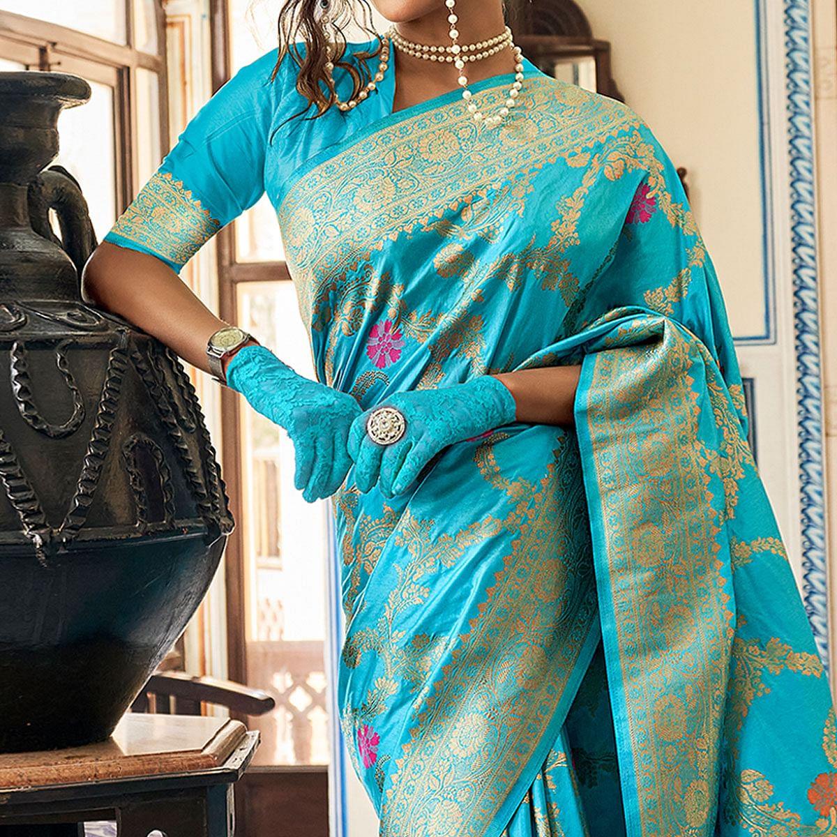 Firozi Festive Wear Woven Silk Saree With Tassels