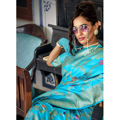 Firozi Festive Wear Woven Silk Saree With Tassels