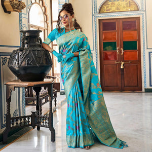 Firozi Festive Wear Woven Silk Saree With Tassels