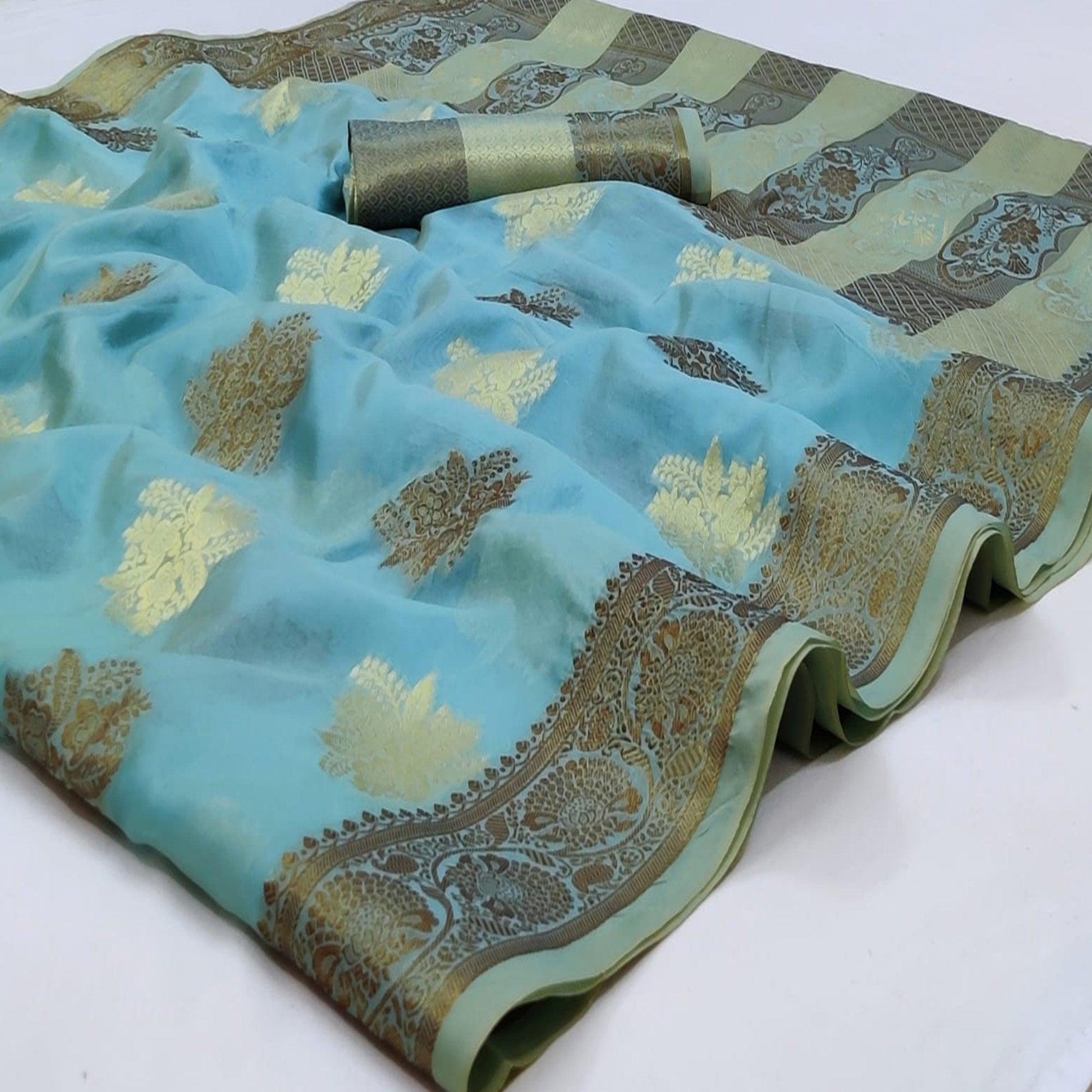 Firozi Festive Wear Woven Soft Organza Saree