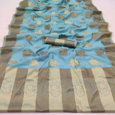 Firozi Festive Wear Woven Soft Organza Saree