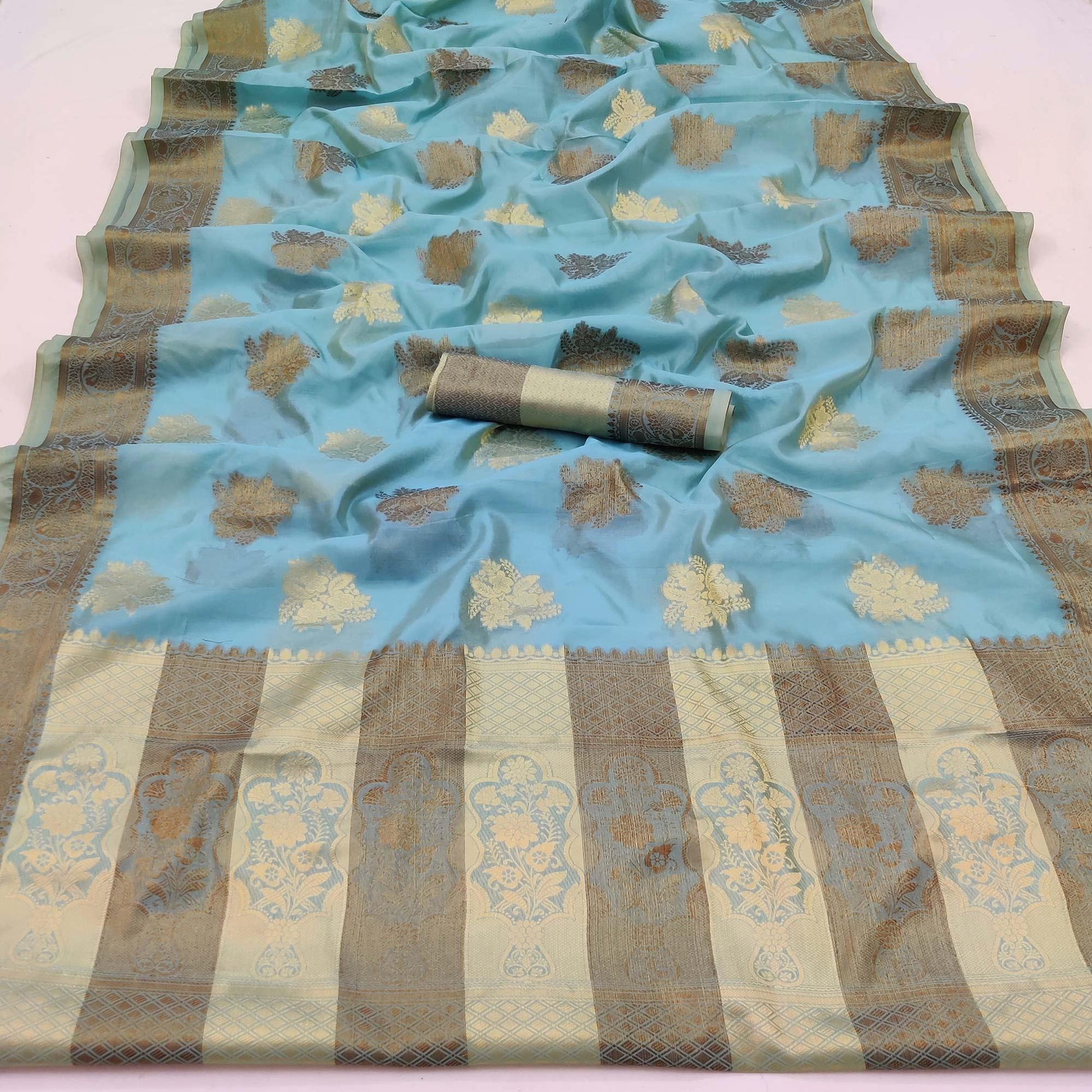 Firozi Festive Wear Woven Soft Organza Saree