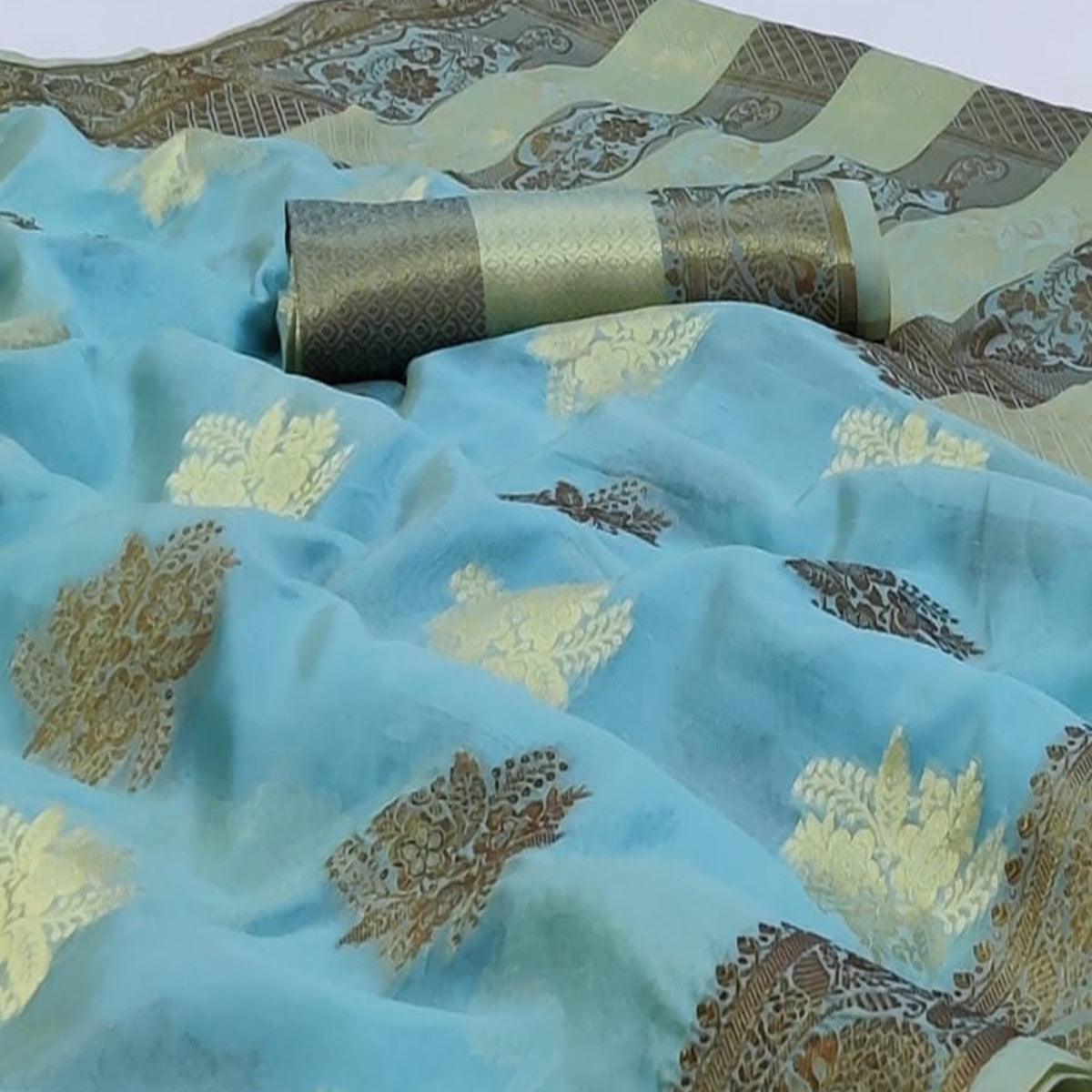Firozi Festive Wear Woven Soft Organza Saree