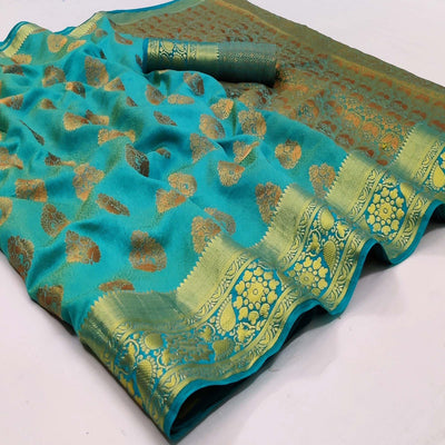 Firozi Festive Wear Woven Soft Silk Saree