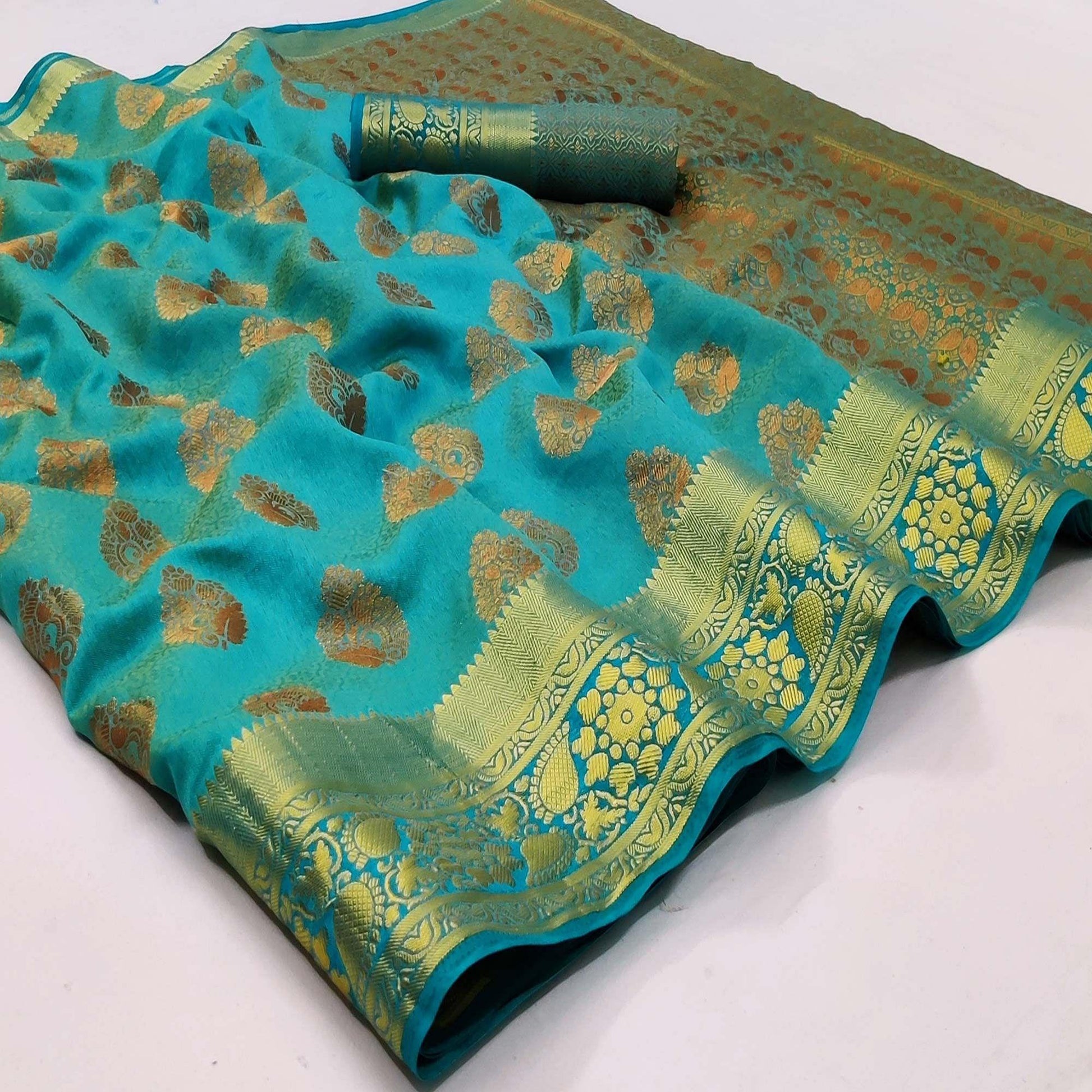 Firozi Festive Wear Woven Soft Silk Saree