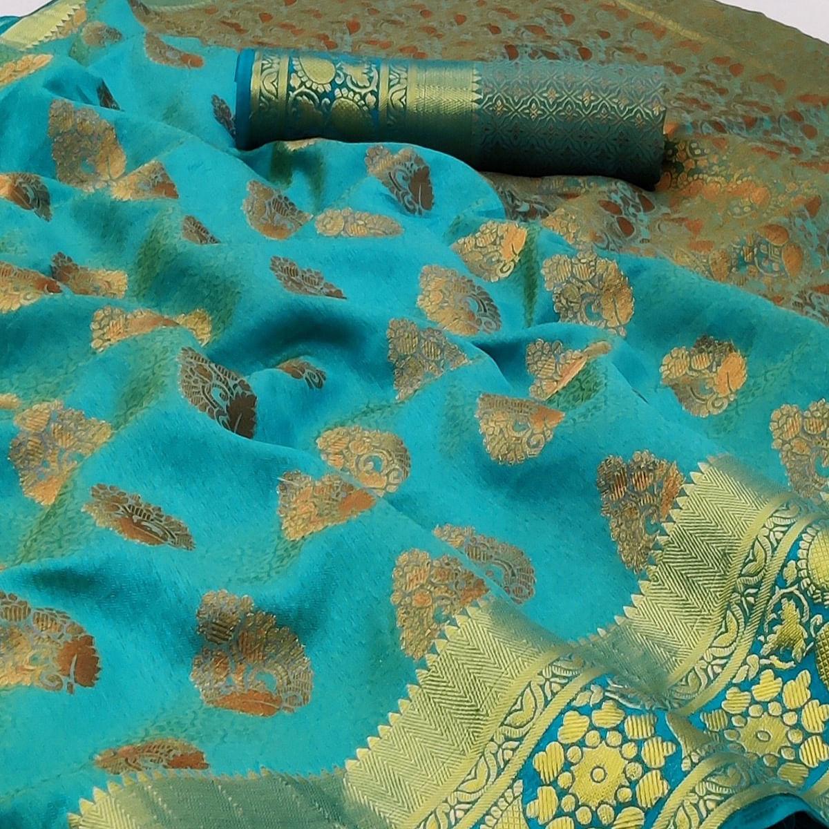 Firozi Festive Wear Woven Soft Silk Saree