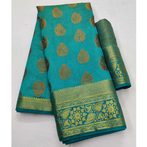 Firozi Festive Wear Woven Soft Silk Saree