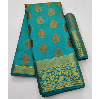 Firozi Festive Wear Woven Soft Silk Saree